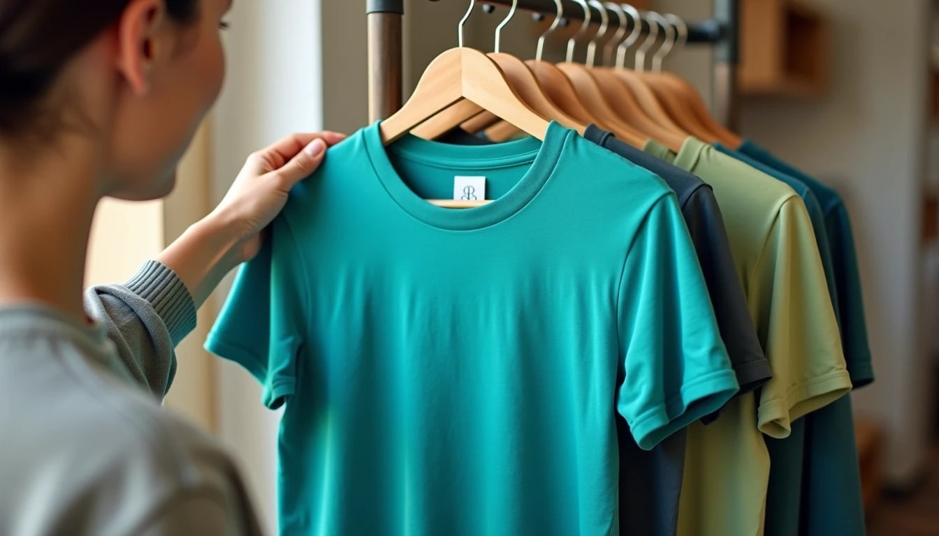 A person examines a turquoise shirt on a rack with several colorful shirts, all hung on wooden hangers.