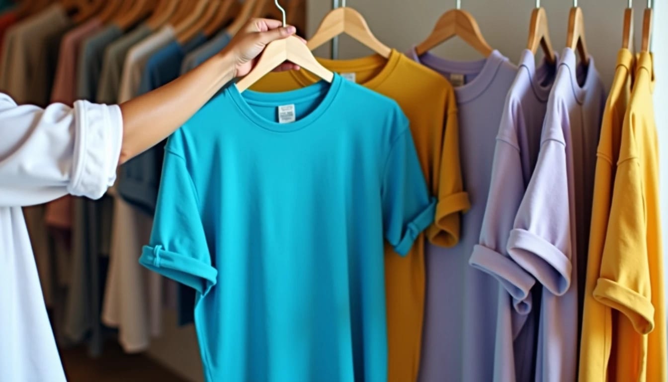 A person selects a turquoise T-shirt from a rack of colorful shirts, including yellow and lavender, in a clothing store.