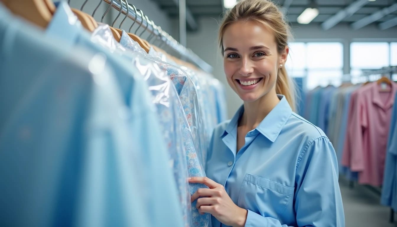 A woman in a blue shirt smiles while standing next to a clothing rack filled with shirts wrapped in plastic coverings in a well-lit store.