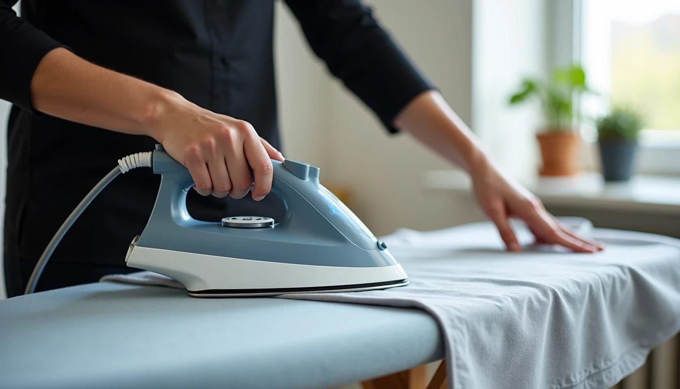 Person ironing a gray shirt on an ironing board in a well-lit room with a potted plant in the background.