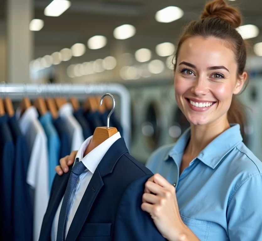 A person in a blue shirt smiles while holding a navy blue suit on a hanger, standing in front of a rack of suits in a well-lit store.