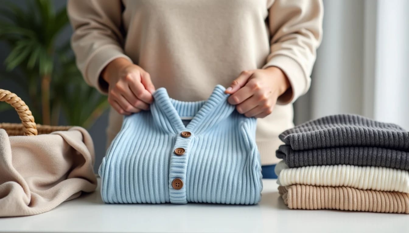 A person folding a light blue ribbed sweater with buttons on a table, surrounded by neatly stacked sweaters in various colors, evokes the careful attention you'd expect from a local shirt laundry service. A woven basket and a plant add charm to this tidy scene near Rancho Santa Margarita.