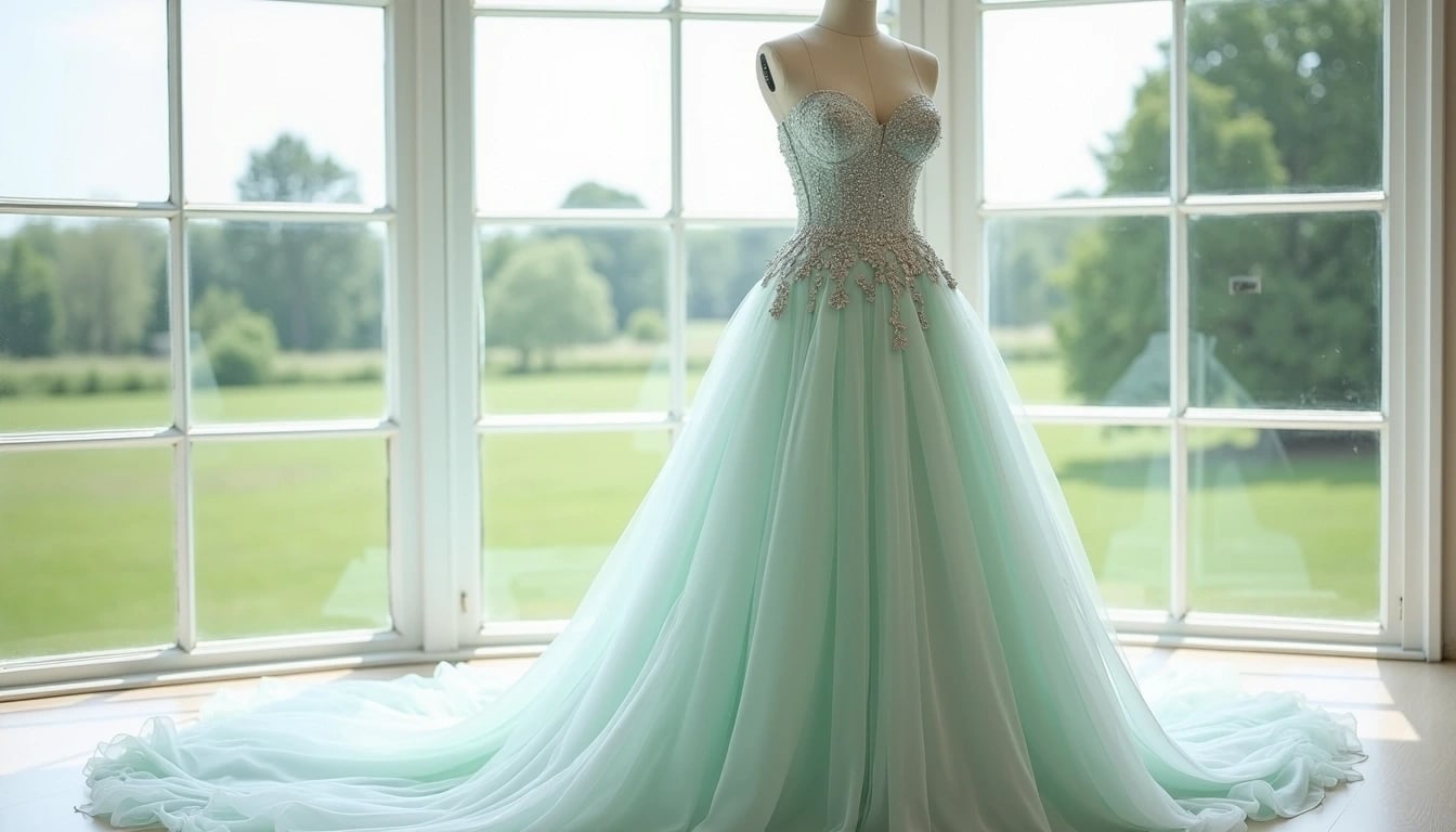 A mint green gown with a fitted, beaded bodice and flowing skirt is displayed on a mannequin in front of large windows overlooking a green landscape.
