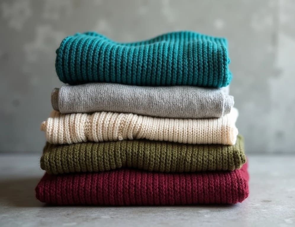 A neatly stacked pile of five knitted sweaters in teal, gray, cream, olive, and burgundy, arranged on a surface against a textured gray background.